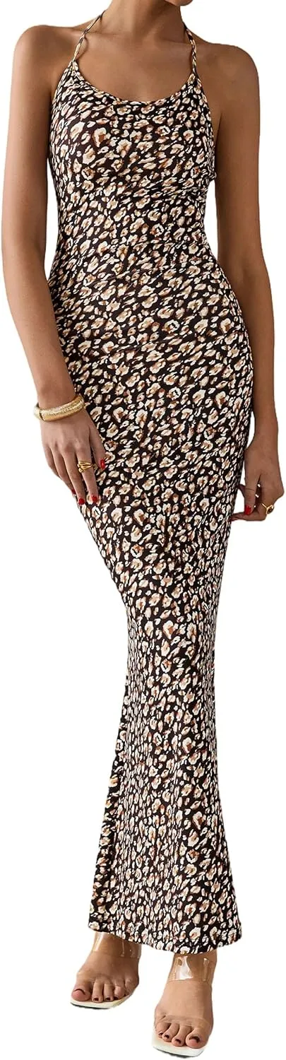PRETTYGARDEN Maxi Dresses for Women 2025 Summer Halter Leopard Print Sleeveless Sexy Bodycon Cruise Cocktail Long Dress