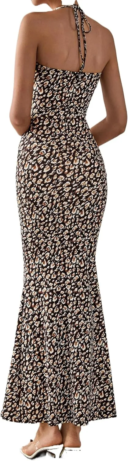 PRETTYGARDEN Maxi Dresses for Women 2025 Summer Halter Leopard Print Sleeveless Sexy Bodycon Cruise Cocktail Long Dress