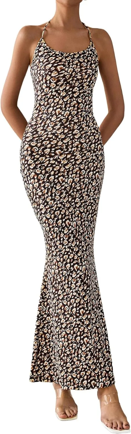 PRETTYGARDEN Maxi Dresses for Women 2025 Summer Halter Leopard Print Sleeveless Sexy Bodycon Cruise Cocktail Long Dress