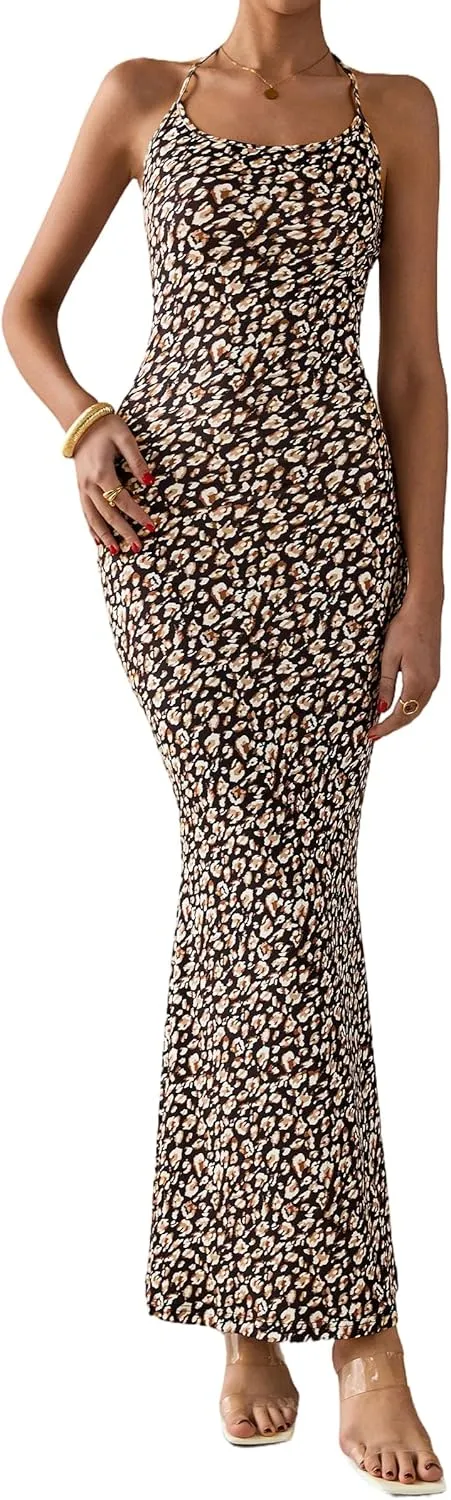PRETTYGARDEN Maxi Dresses for Women 2025 Summer Halter Leopard Print Sleeveless Sexy Bodycon Cruise Cocktail Long Dress