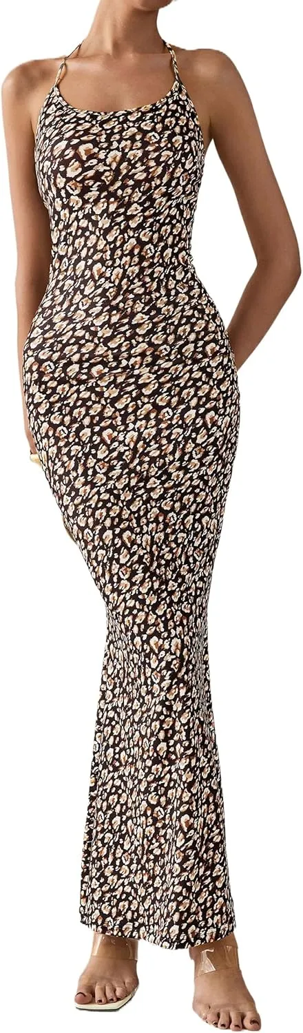 PRETTYGARDEN Maxi Dresses for Women 2025 Summer Halter Leopard Print Sleeveless Sexy Bodycon Cruise Cocktail Long Dress