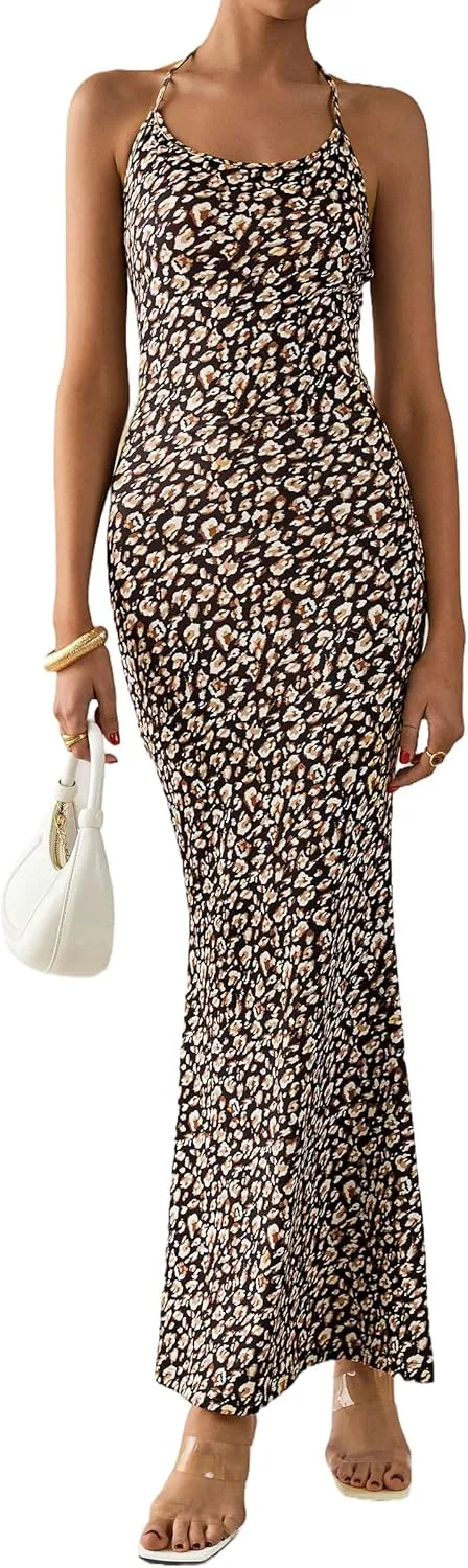 PRETTYGARDEN Maxi Dresses for Women 2025 Summer Halter Leopard Print Sleeveless Sexy Bodycon Cruise Cocktail Long Dress