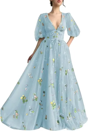Prom Dresses for Women 2024 Puffy Sleeve Flower Embroidery Tulle Formal Gowns Homecoming Dresses