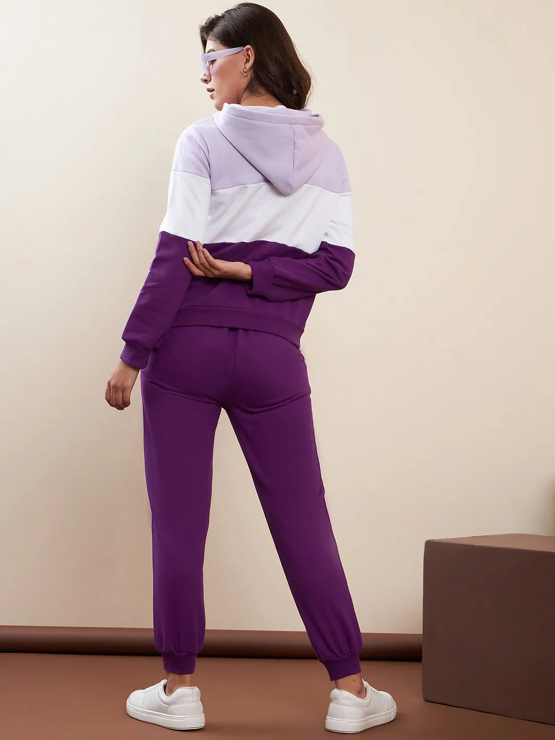 Purple & White Fleece Blocked Hooded Tracksuit Set