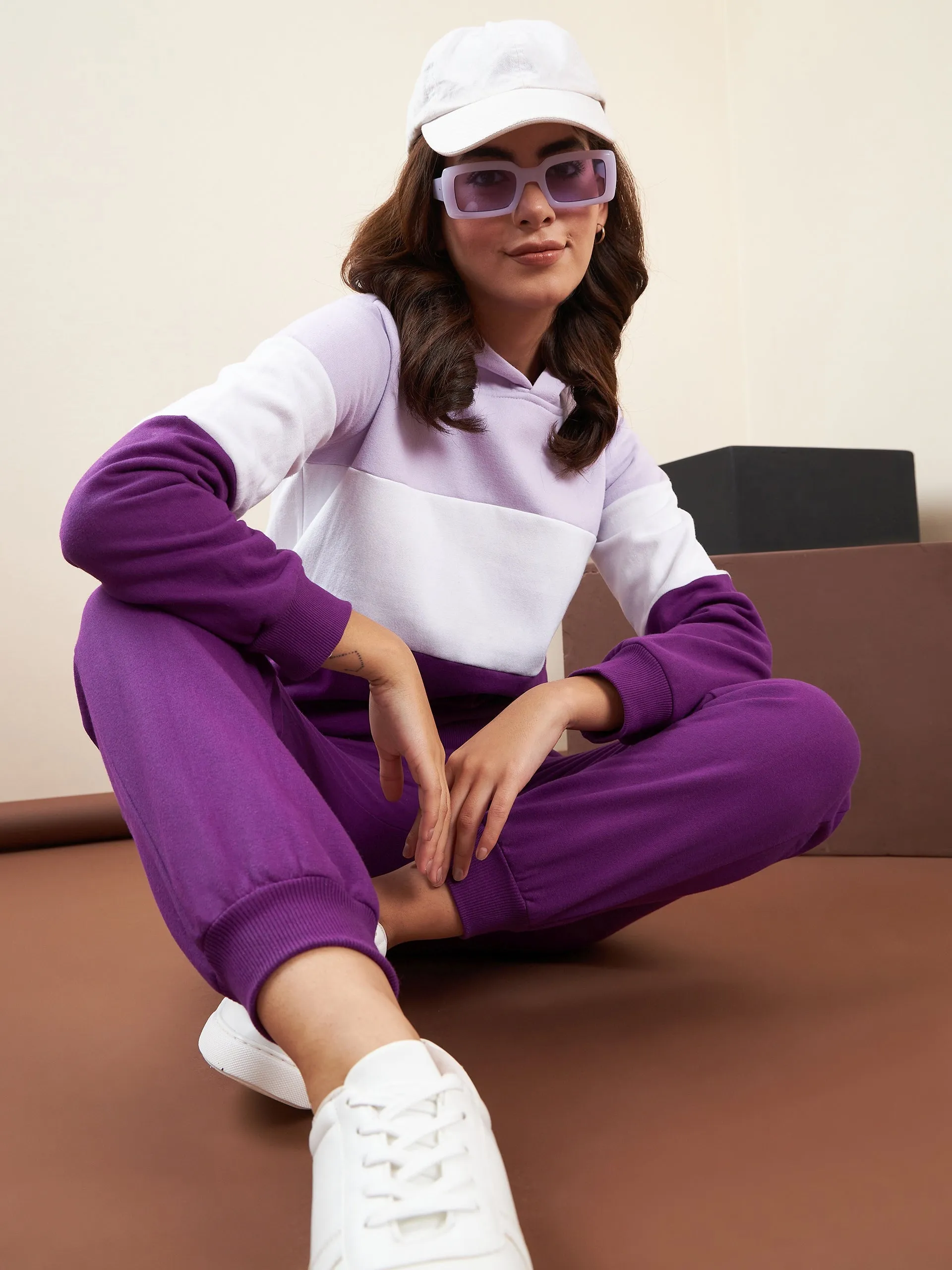 Purple & White Fleece Blocked Hooded Tracksuit Set
