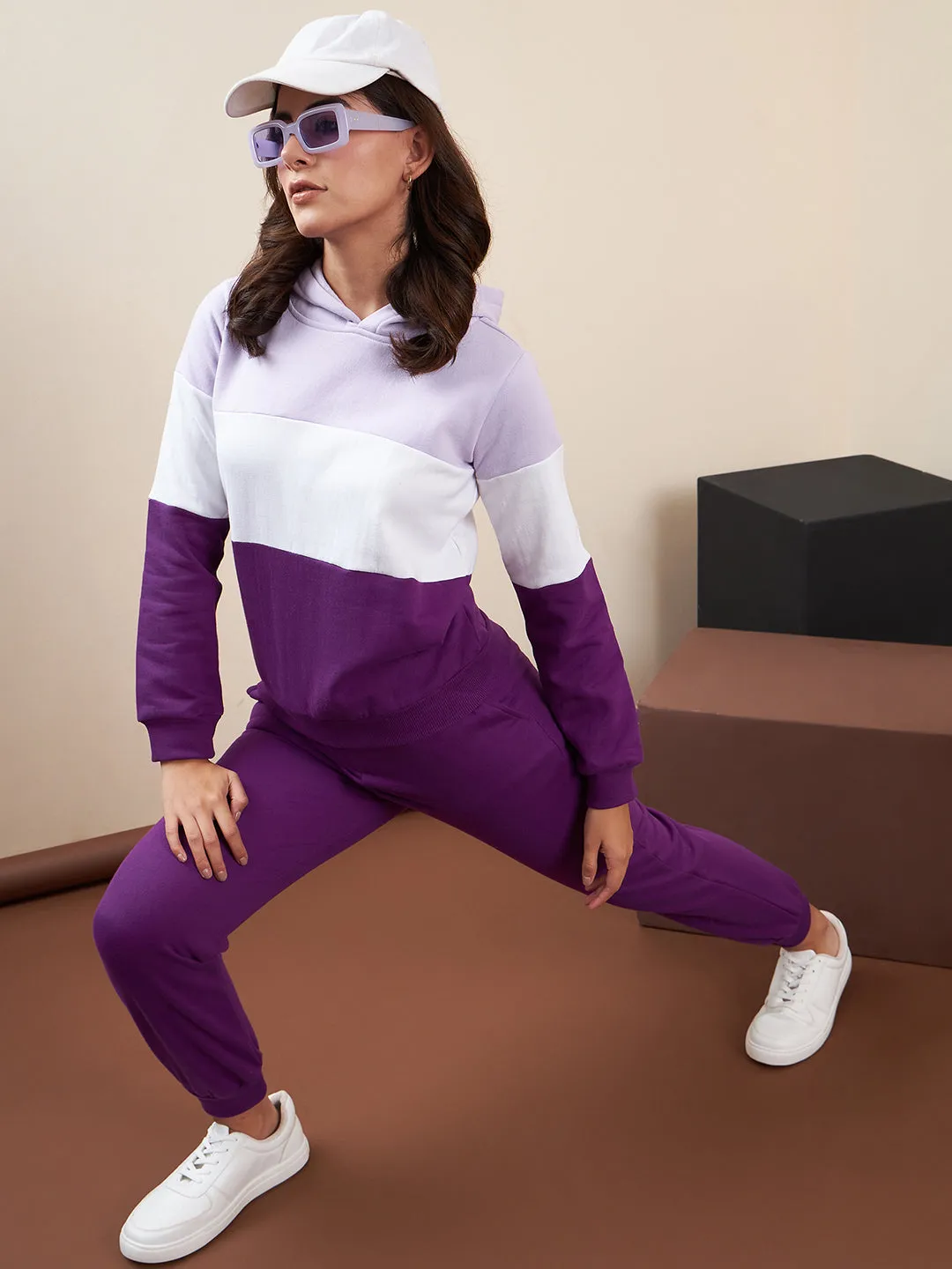 Purple & White Fleece Blocked Hooded Tracksuit Set