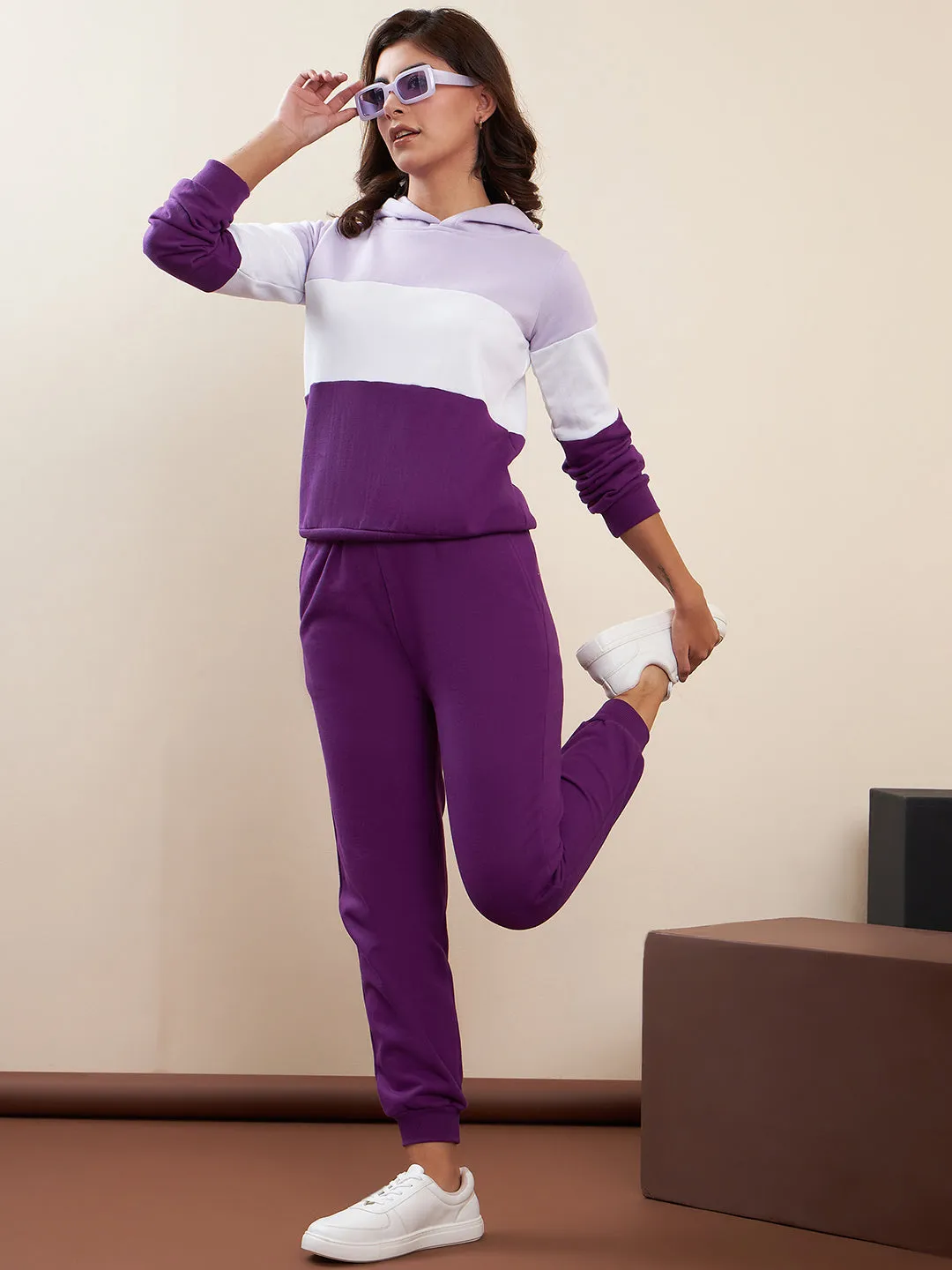 Purple & White Fleece Blocked Hooded Tracksuit Set