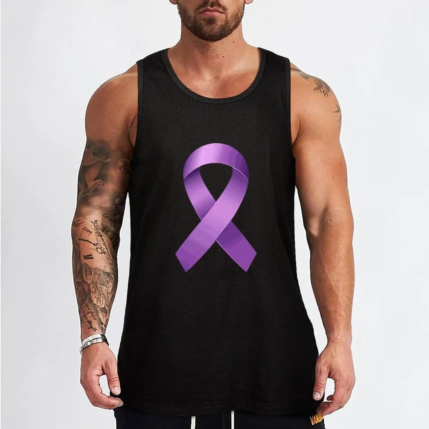 Purple Awareness Ribbon Mens Tank Top Cotton Undershirt Crewneck Sleeveless Shirt for Summer