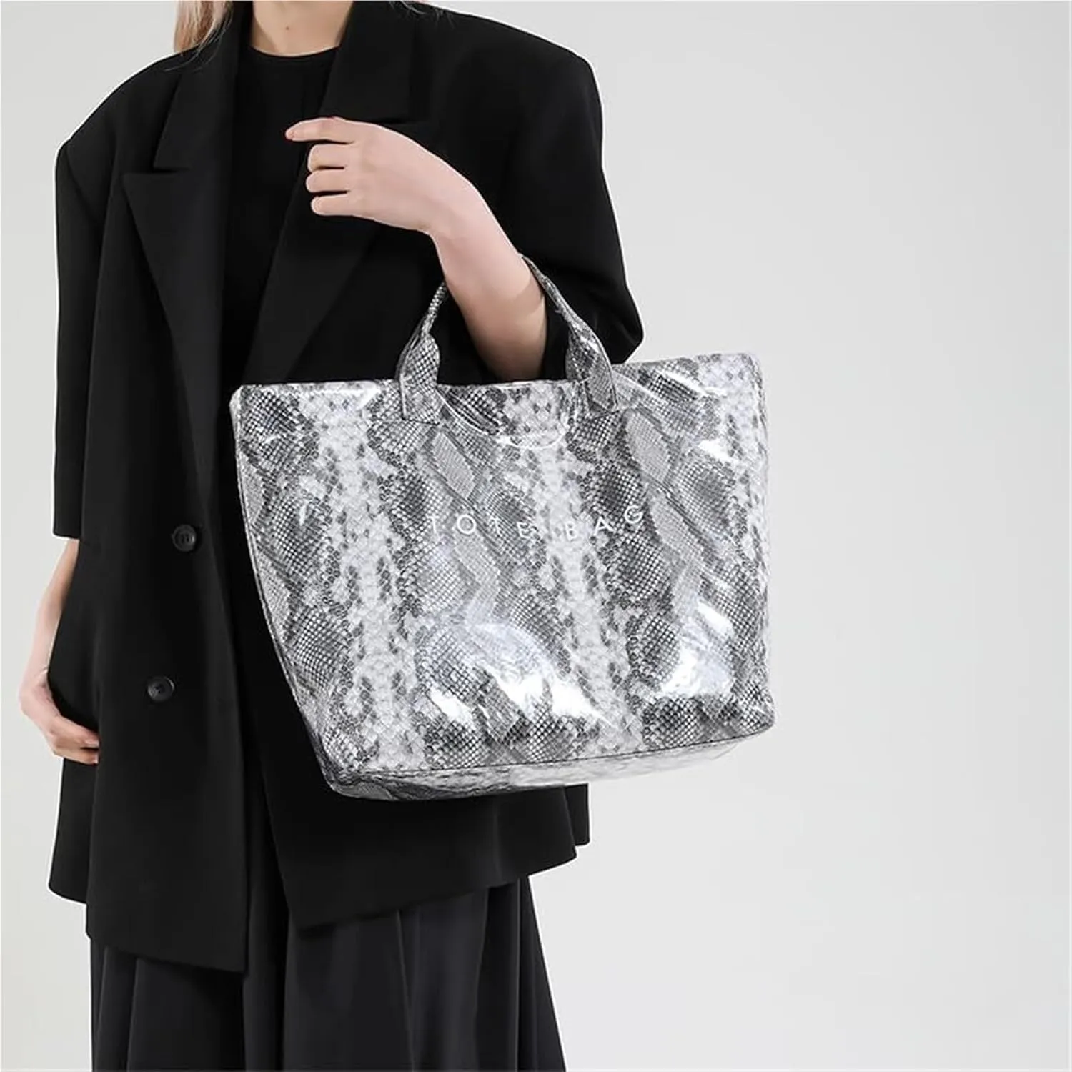 PVC Tote Bag for Women Snake Pattern Letter Print Large Tote Bag Clear Plastic Handbags Top Handle Bags