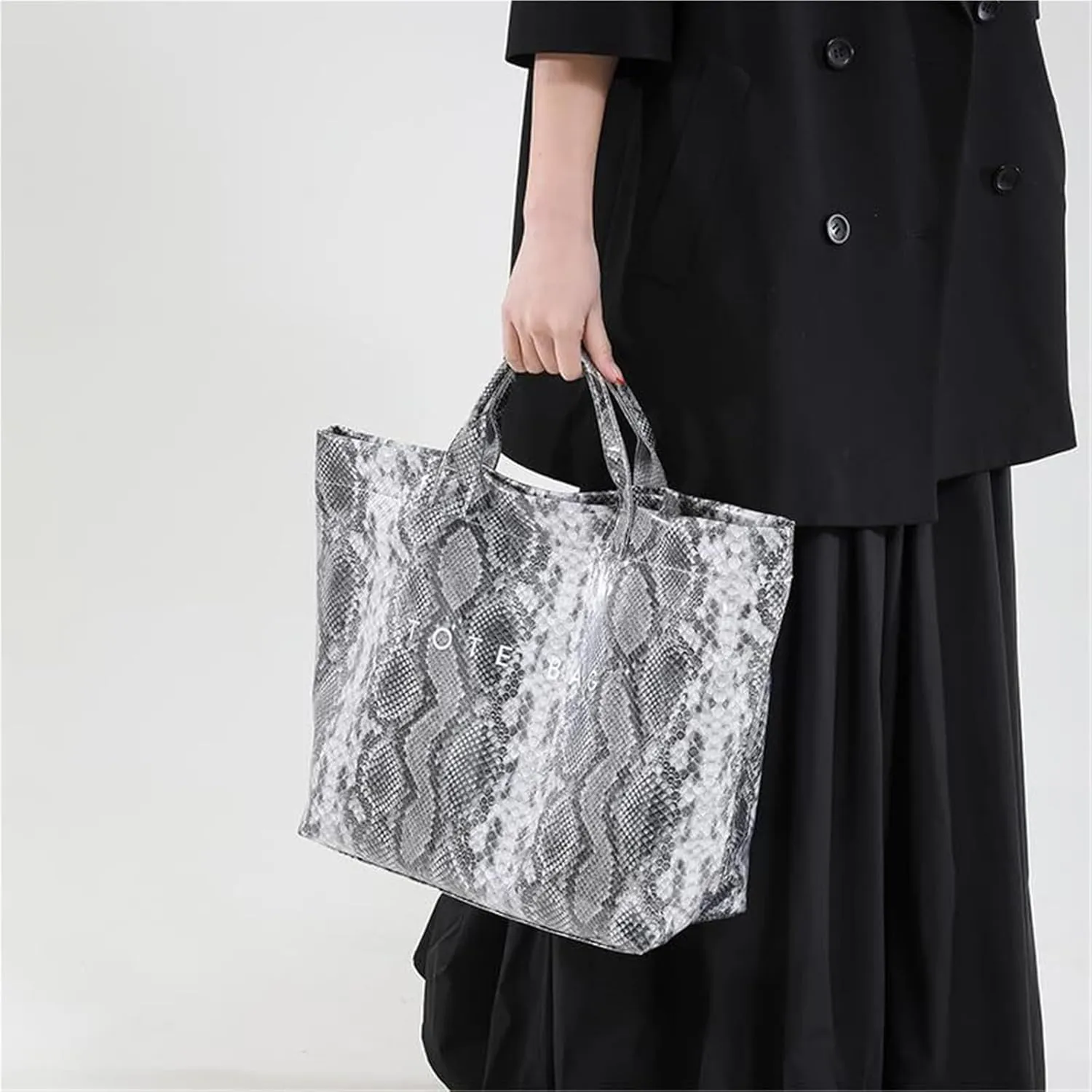 PVC Tote Bag for Women Snake Pattern Letter Print Large Tote Bag Clear Plastic Handbags Top Handle Bags