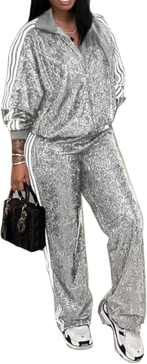 Qikaka Womens 2 PCS Sequins Zipper Jackets Bodycon Pants Sexy Nightclub Party Tracksuit Outfits Sweatsuit Set