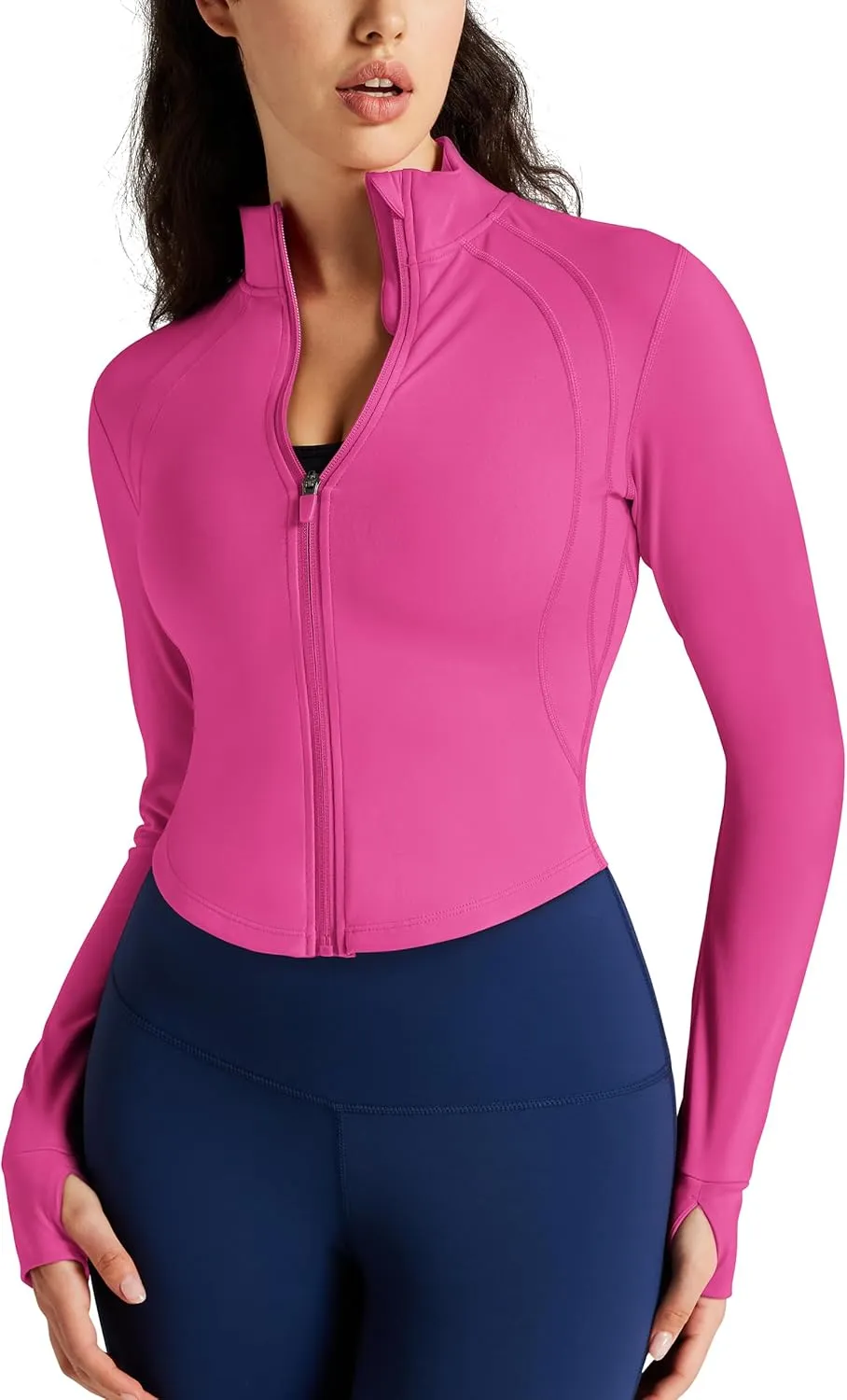 QUEENIEKE Women's Cropped Workout Jackets - Zip Up Long Sleeves Athletic Yoga Slim Fit BBL Running Jacket with Thumb Holes