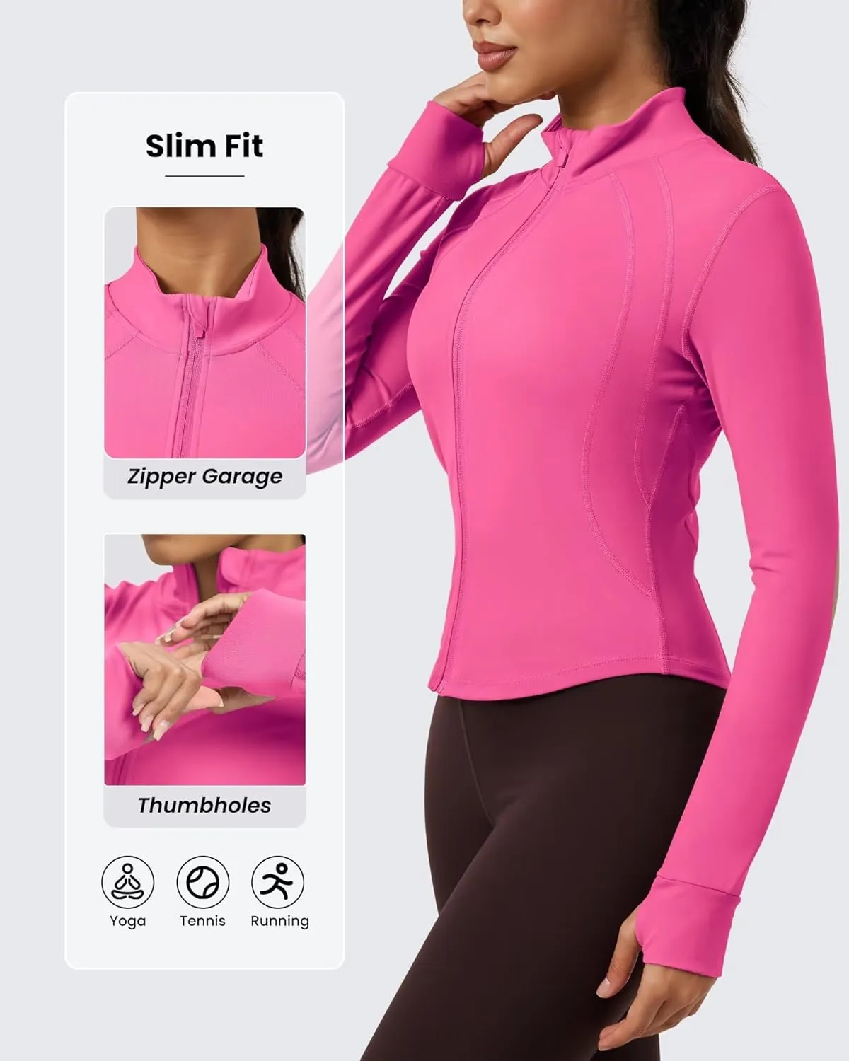 QUEENIEKE Women's Cropped Workout Jackets - Zip Up Long Sleeves Athletic Yoga Slim Fit BBL Running Jacket with Thumb Holes