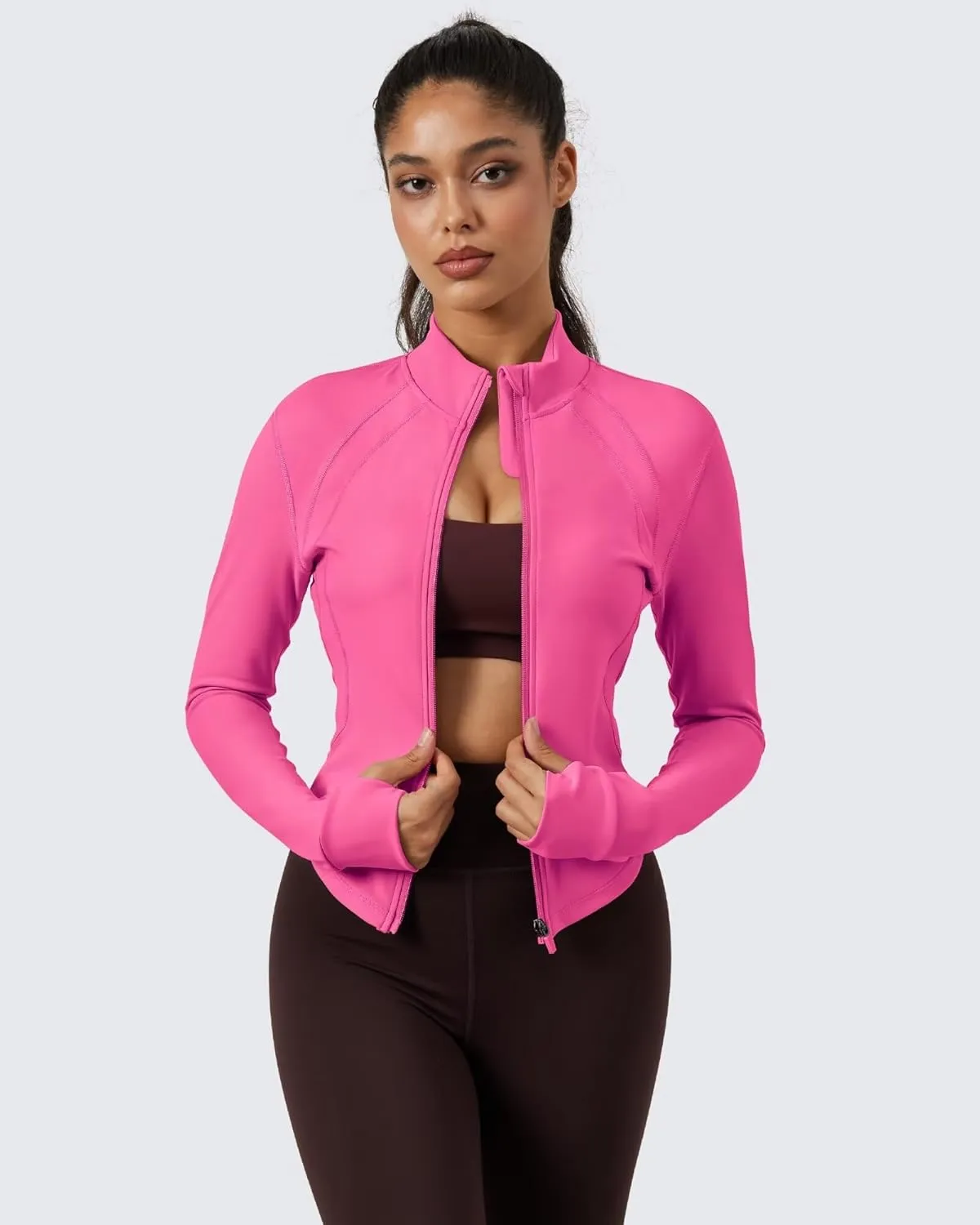 QUEENIEKE Women's Cropped Workout Jackets - Zip Up Long Sleeves Athletic Yoga Slim Fit BBL Running Jacket with Thumb Holes
