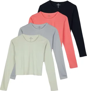 Real Essentials 4 Pack: Women's Cotton Long Sleeve Crew Crop Top - Casual Cropped T-Shirt (Available in Plus Size)