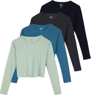 Real Essentials 4 Pack: Women's Cotton Long Sleeve Crew Crop Top - Casual Cropped T-Shirt (Available in Plus Size)