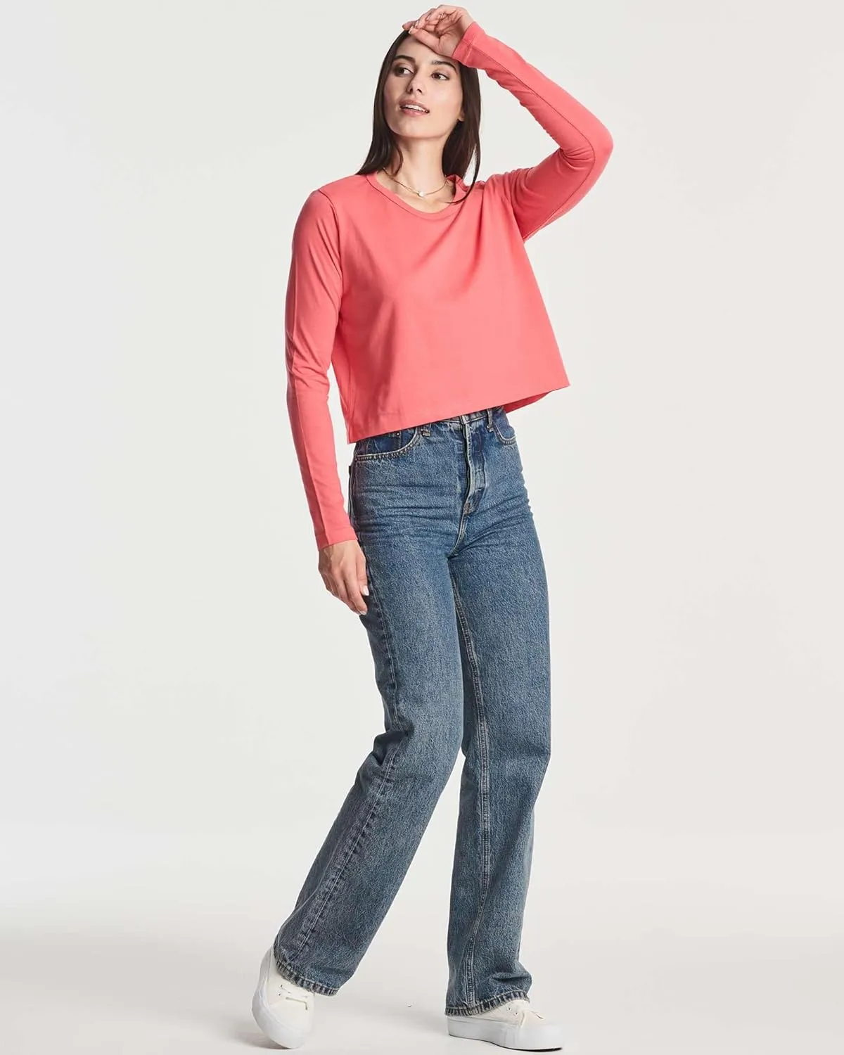 Real Essentials 4 Pack: Women's Cotton Long Sleeve Crew Crop Top - Casual Cropped T-Shirt (Available in Plus Size)