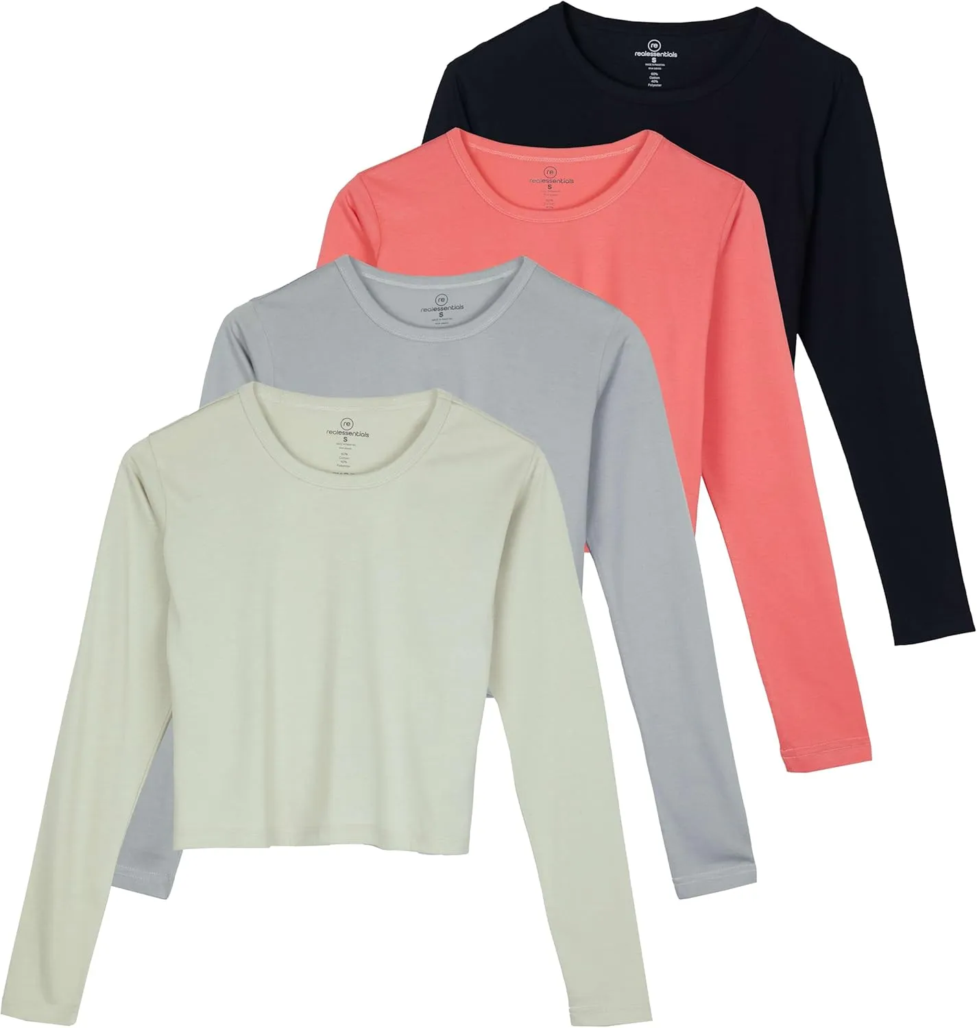 Real Essentials 4 Pack: Women's Cotton Long Sleeve Crew Crop Top - Casual Cropped T-Shirt (Available in Plus Size)