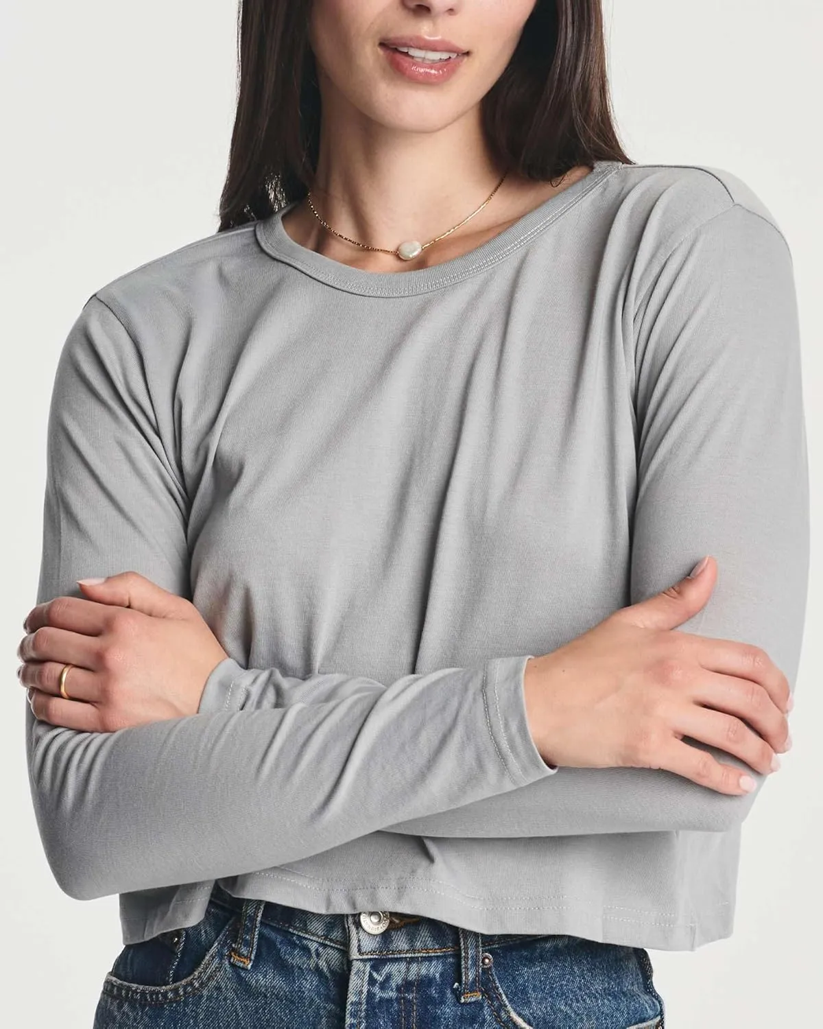 Real Essentials 4 Pack: Women's Cotton Long Sleeve Crew Crop Top - Casual Cropped T-Shirt (Available in Plus Size)