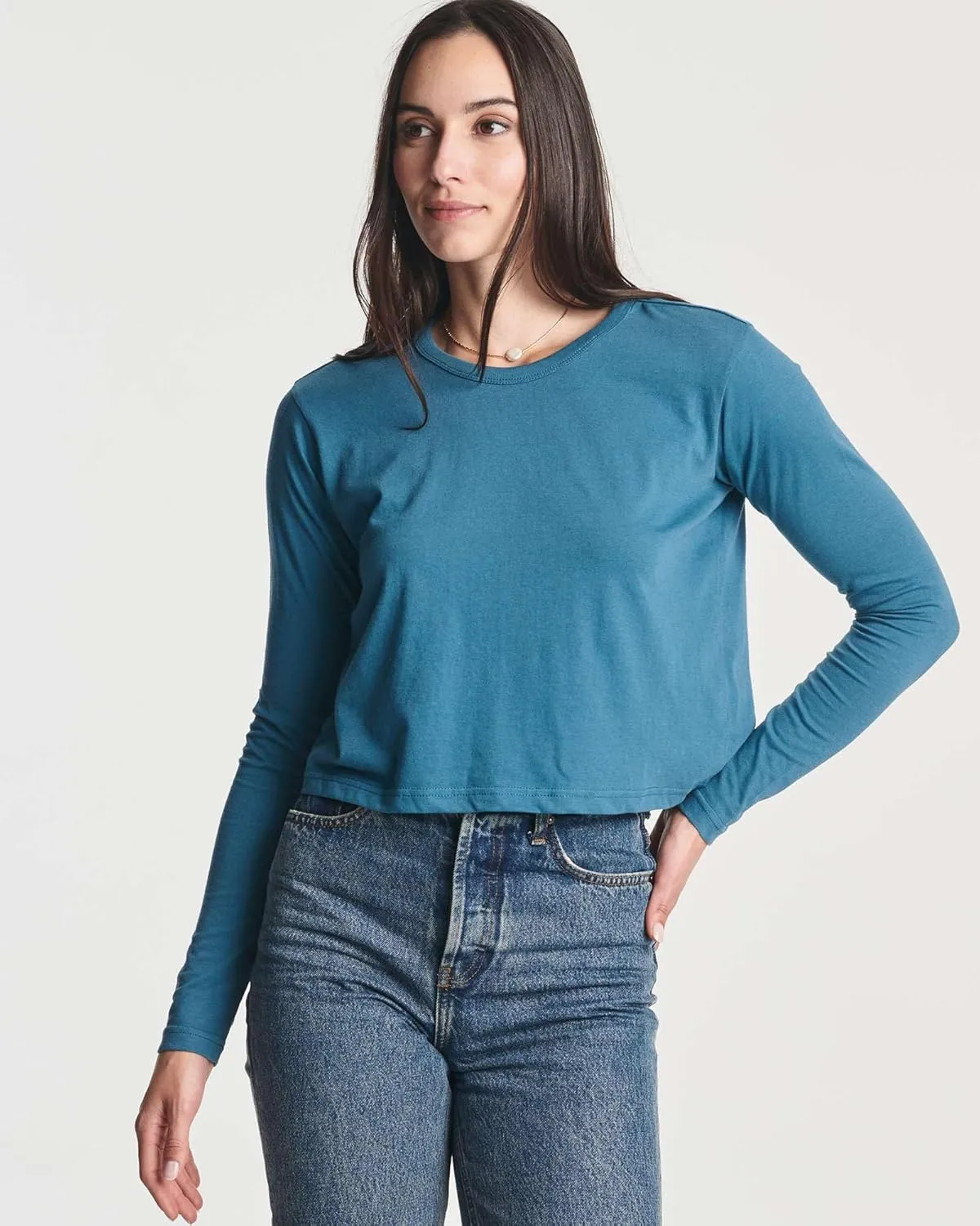 Real Essentials 4 Pack: Women's Cotton Long Sleeve Crew Crop Top - Casual Cropped T-Shirt (Available in Plus Size)