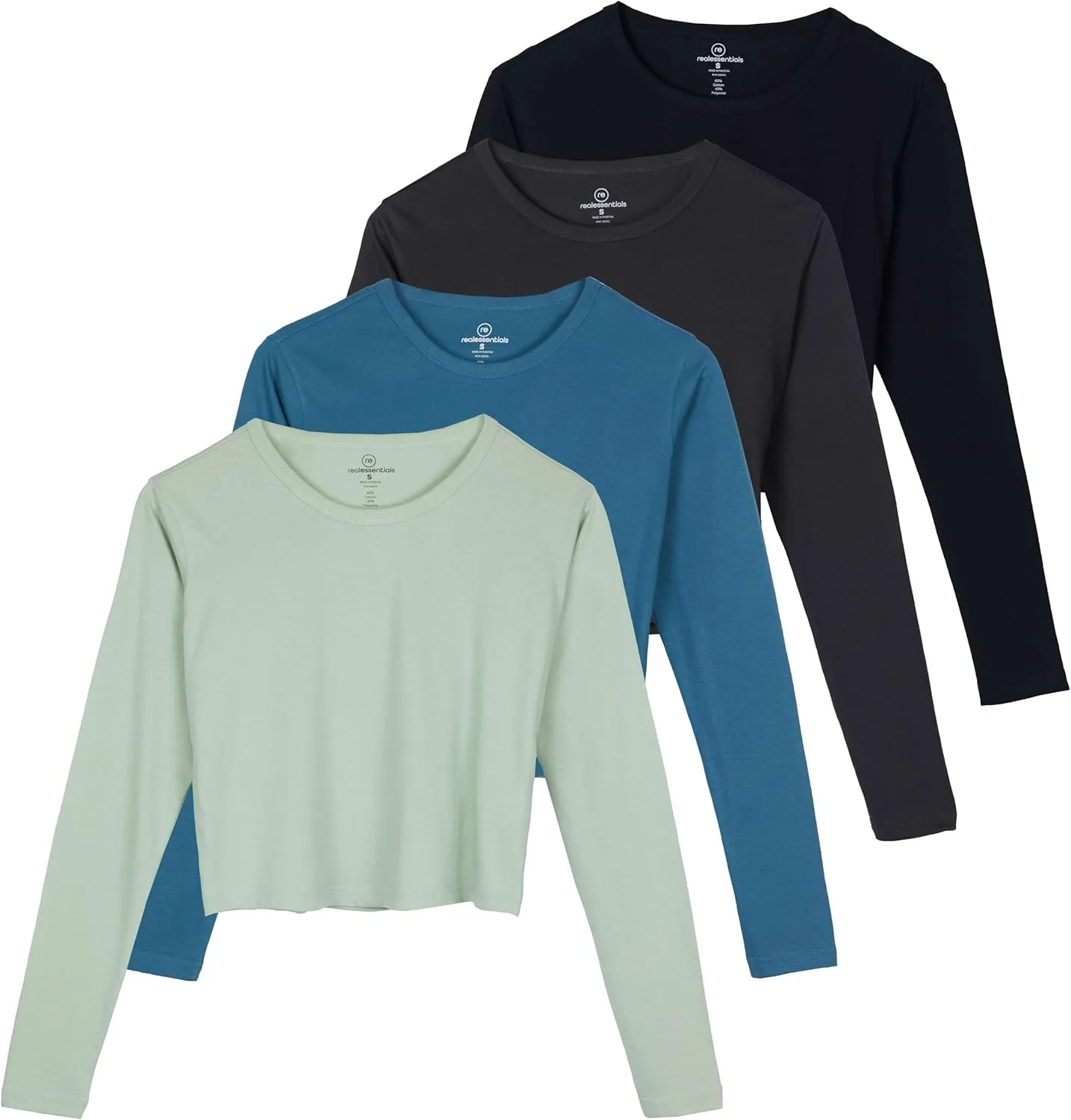Real Essentials 4 Pack: Women's Cotton Long Sleeve Crew Crop Top - Casual Cropped T-Shirt (Available in Plus Size)