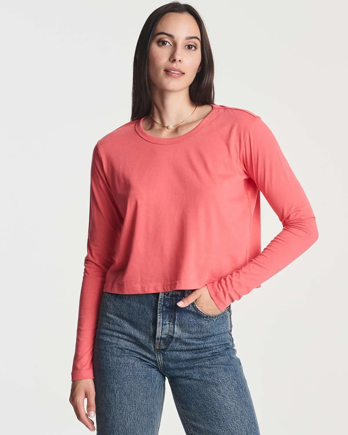 Real Essentials 4 Pack: Women's Cotton Long Sleeve Crew Crop Top - Casual Cropped T-Shirt (Available in Plus Size)