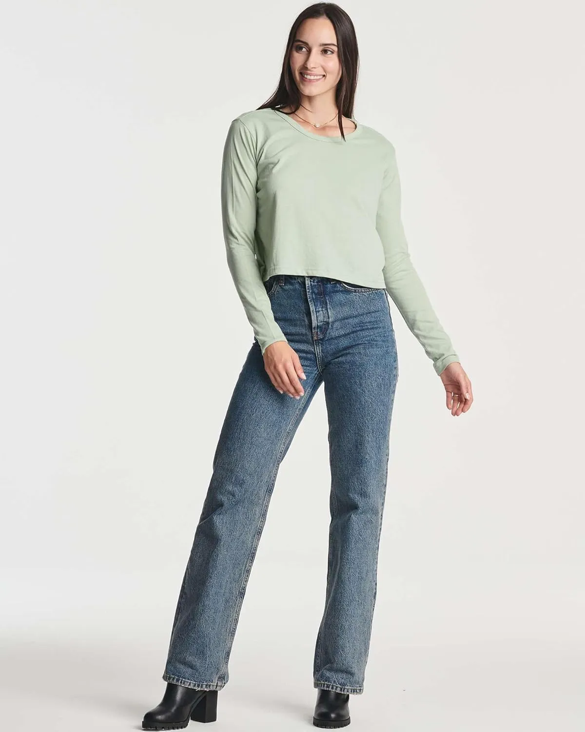 Real Essentials 4 Pack: Women's Cotton Long Sleeve Crew Crop Top - Casual Cropped T-Shirt (Available in Plus Size)