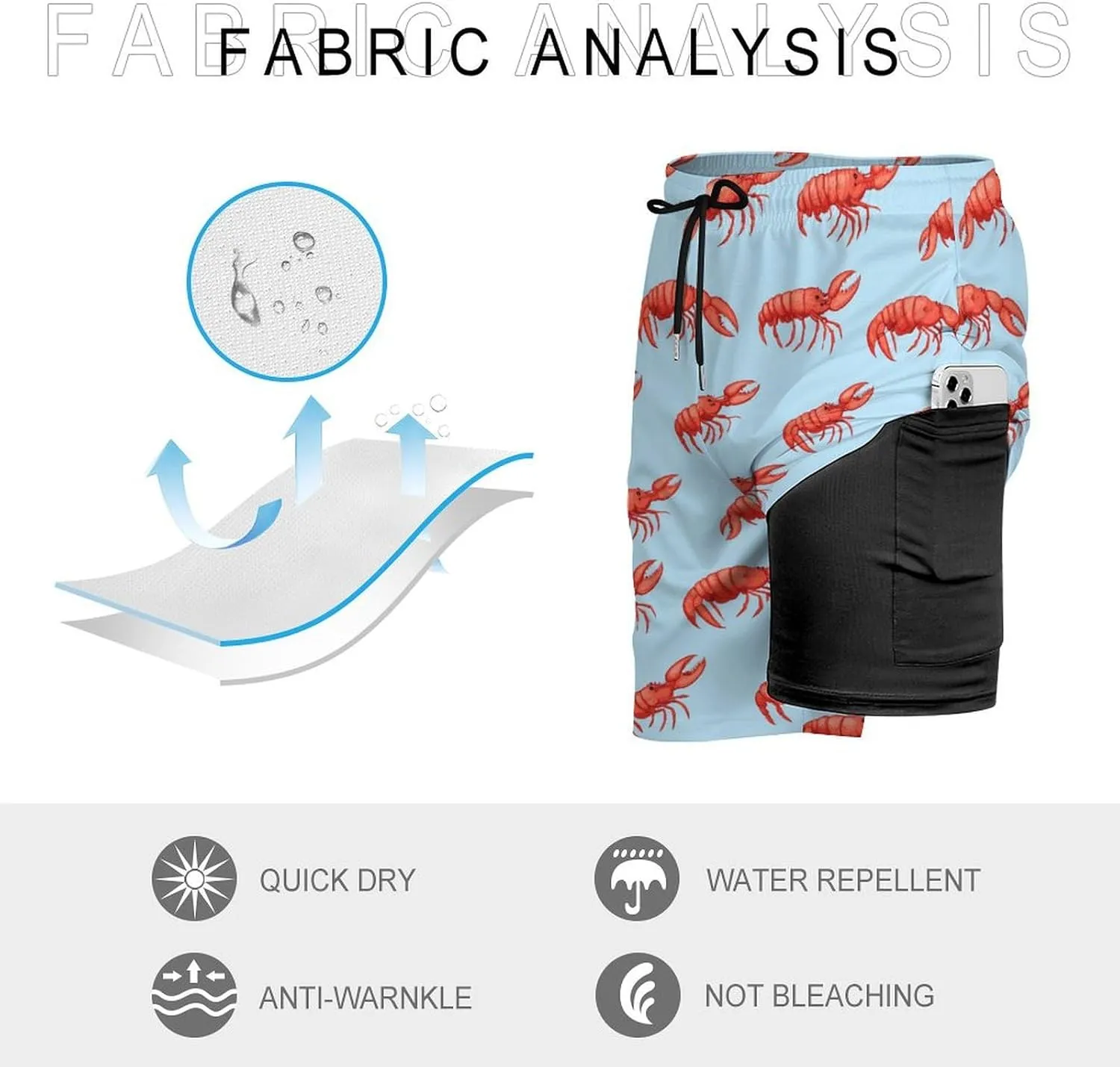 Red Lobsters Pattern Casual Beach Shorts for Men Elastic Waist Drawstring Swim Shorts With Compression Liner