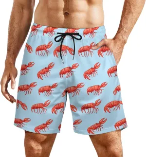 Red Lobsters Pattern Casual Beach Shorts for Men Elastic Waist Drawstring Swim Shorts With Compression Liner