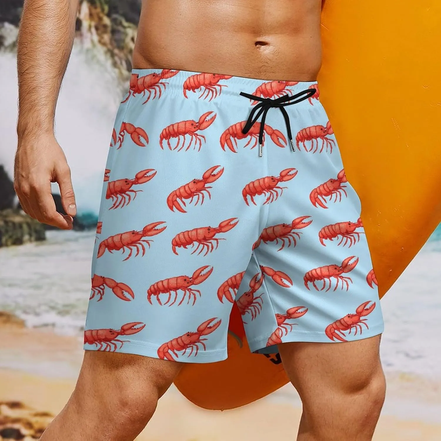 Red Lobsters Pattern Casual Beach Shorts for Men Elastic Waist Drawstring Swim Shorts With Compression Liner