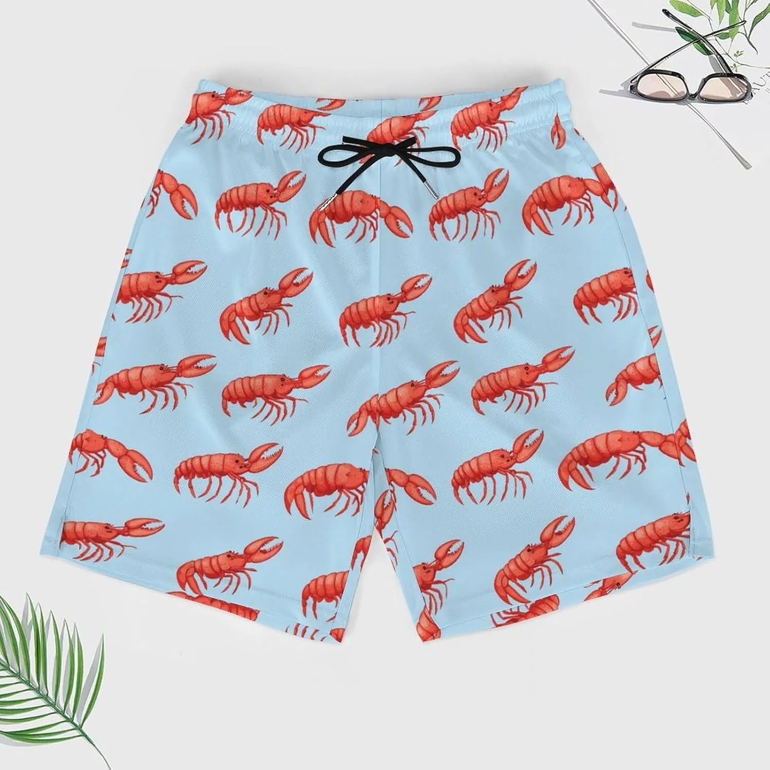 Red Lobsters Pattern Casual Beach Shorts for Men Elastic Waist Drawstring Swim Shorts With Compression Liner