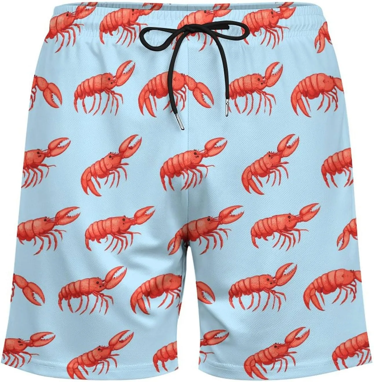 Red Lobsters Pattern Casual Beach Shorts for Men Elastic Waist Drawstring Swim Shorts With Compression Liner