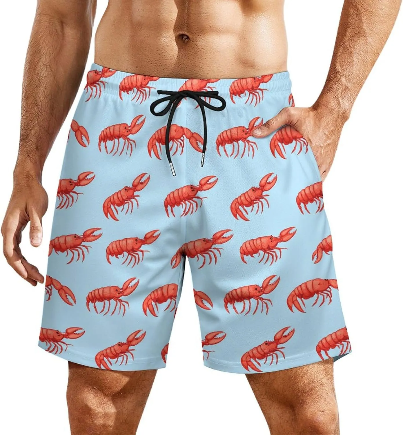 Red Lobsters Pattern Casual Beach Shorts for Men Elastic Waist Drawstring Swim Shorts With Compression Liner
