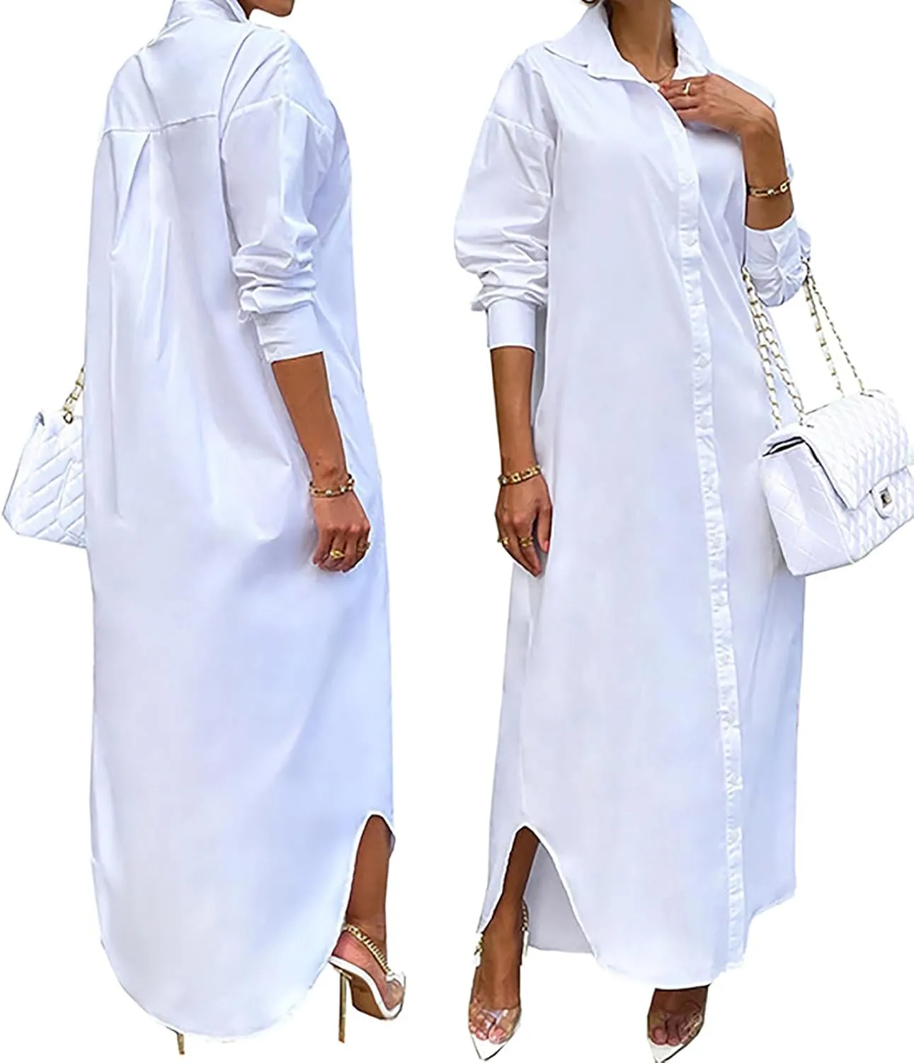 Remxi Shirt Dress for Women Casual Long Sleeve Solid Color Loose Button Down Maxi Dresses