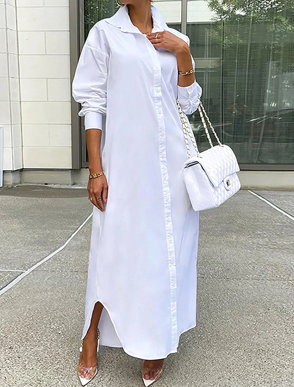 Remxi Shirt Dress for Women Casual Long Sleeve Solid Color Loose Button Down Maxi Dresses