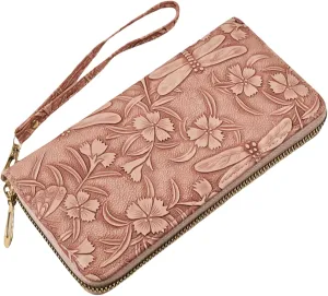 RFID Wallets for Women Wristlet Vegan Leather Long Purse Floral Zip Around Clutch Large Capacity Card Holder