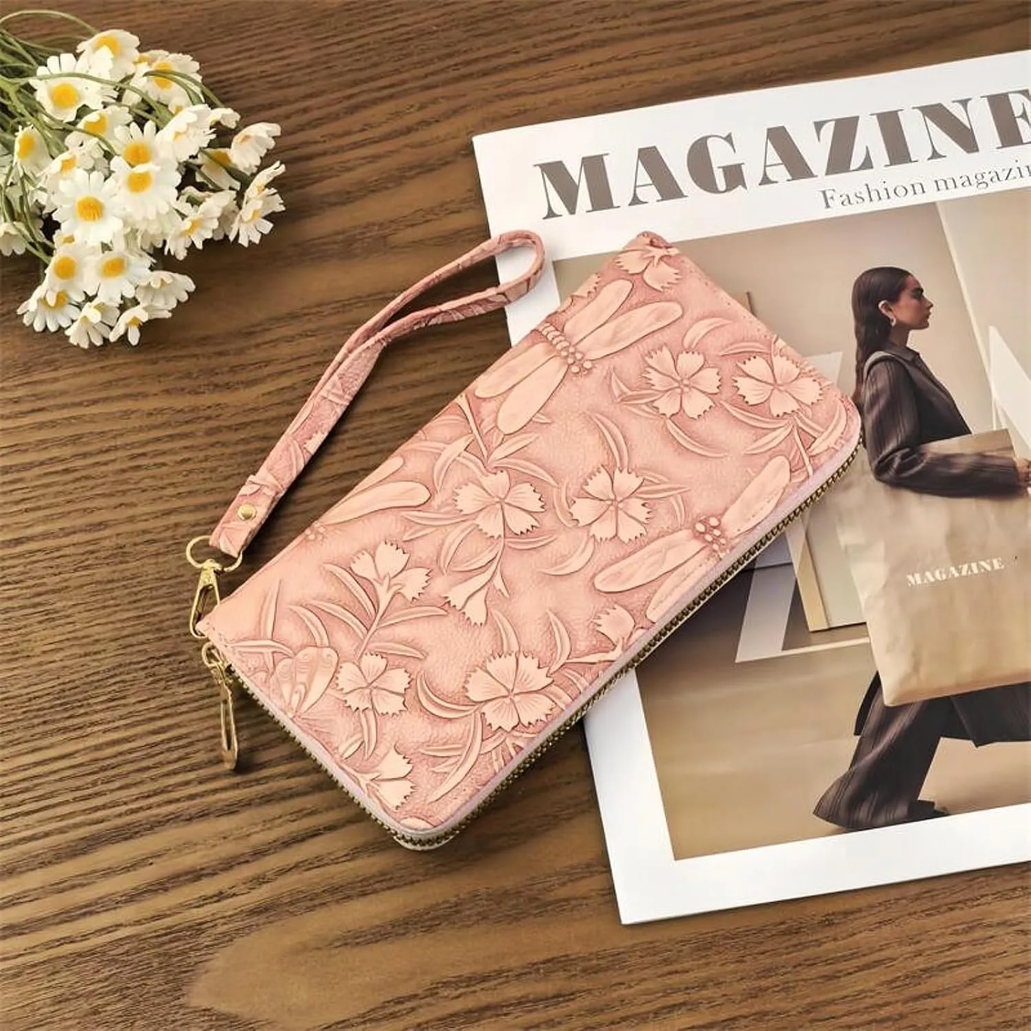 RFID Wallets for Women Wristlet Vegan Leather Long Purse Floral Zip Around Clutch Large Capacity Card Holder