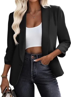 Riyiper Women's 3/4 Sleeve Blazer Open Front Blazer Jackets Casual Outfits Work Office Suit with Pockets