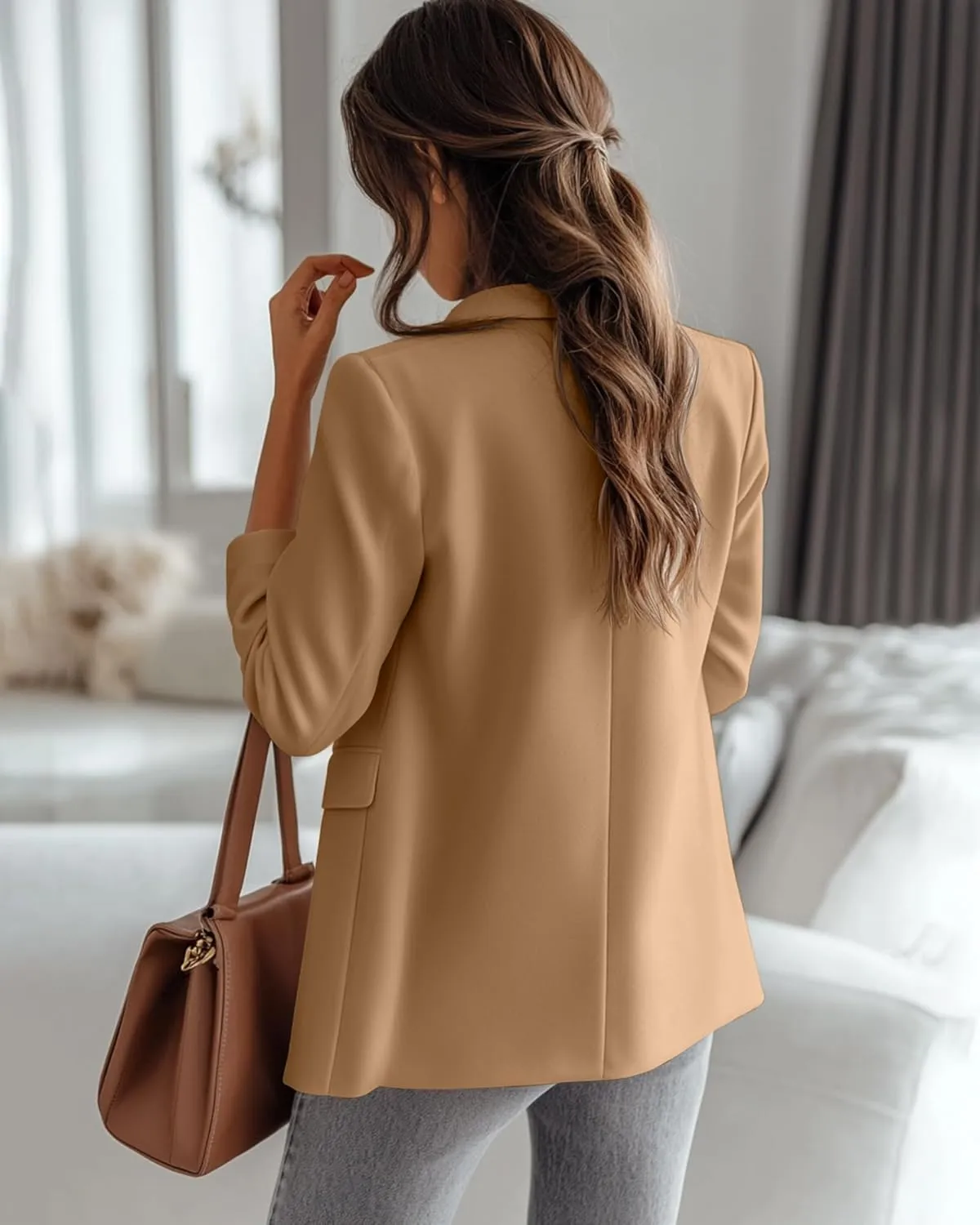 Riyiper Women's 3/4 Sleeve Blazer Open Front Blazer Jackets Casual Outfits Work Office Suit with Pockets