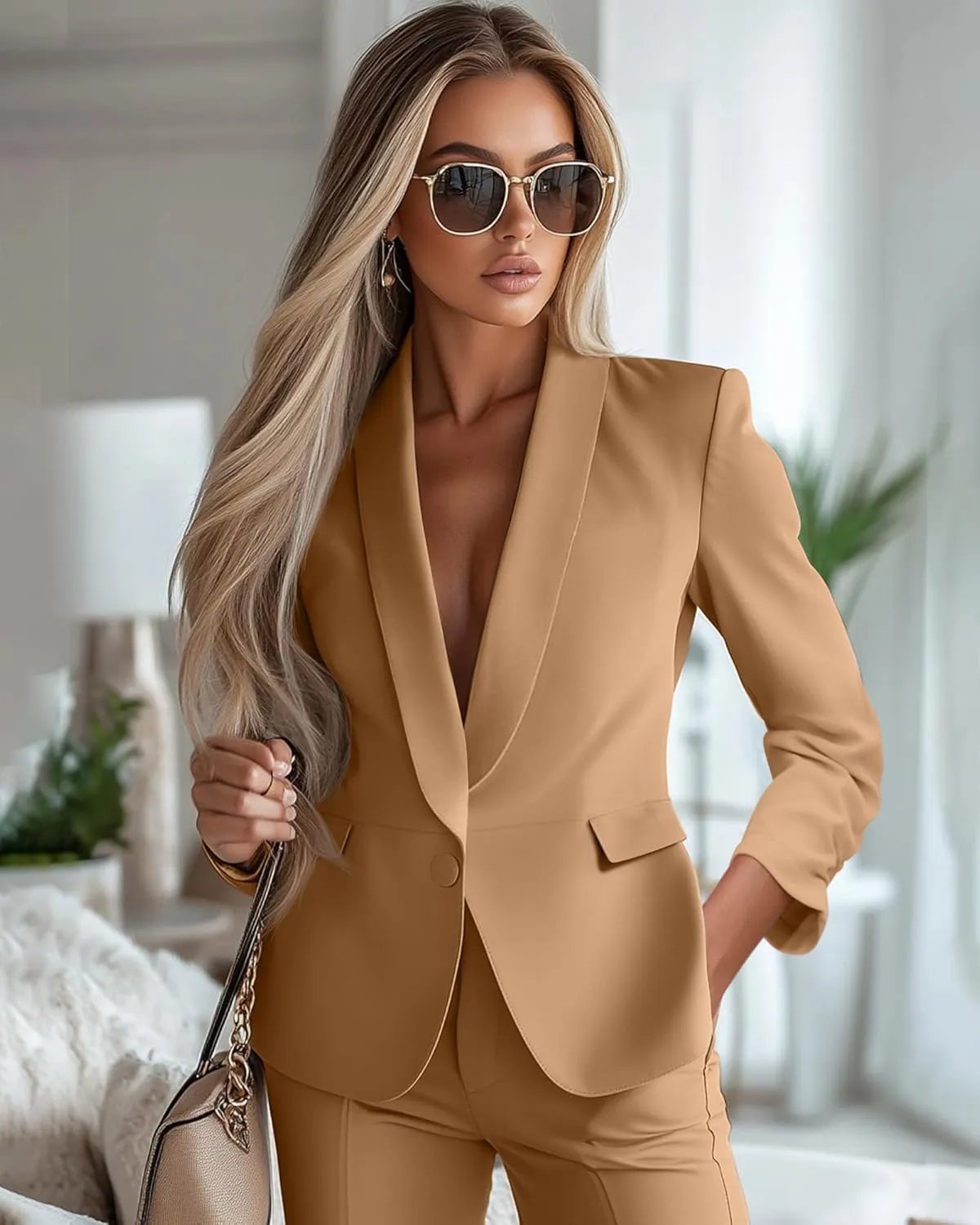 Riyiper Women's 3/4 Sleeve Blazer Open Front Blazer Jackets Casual Outfits Work Office Suit with Pockets