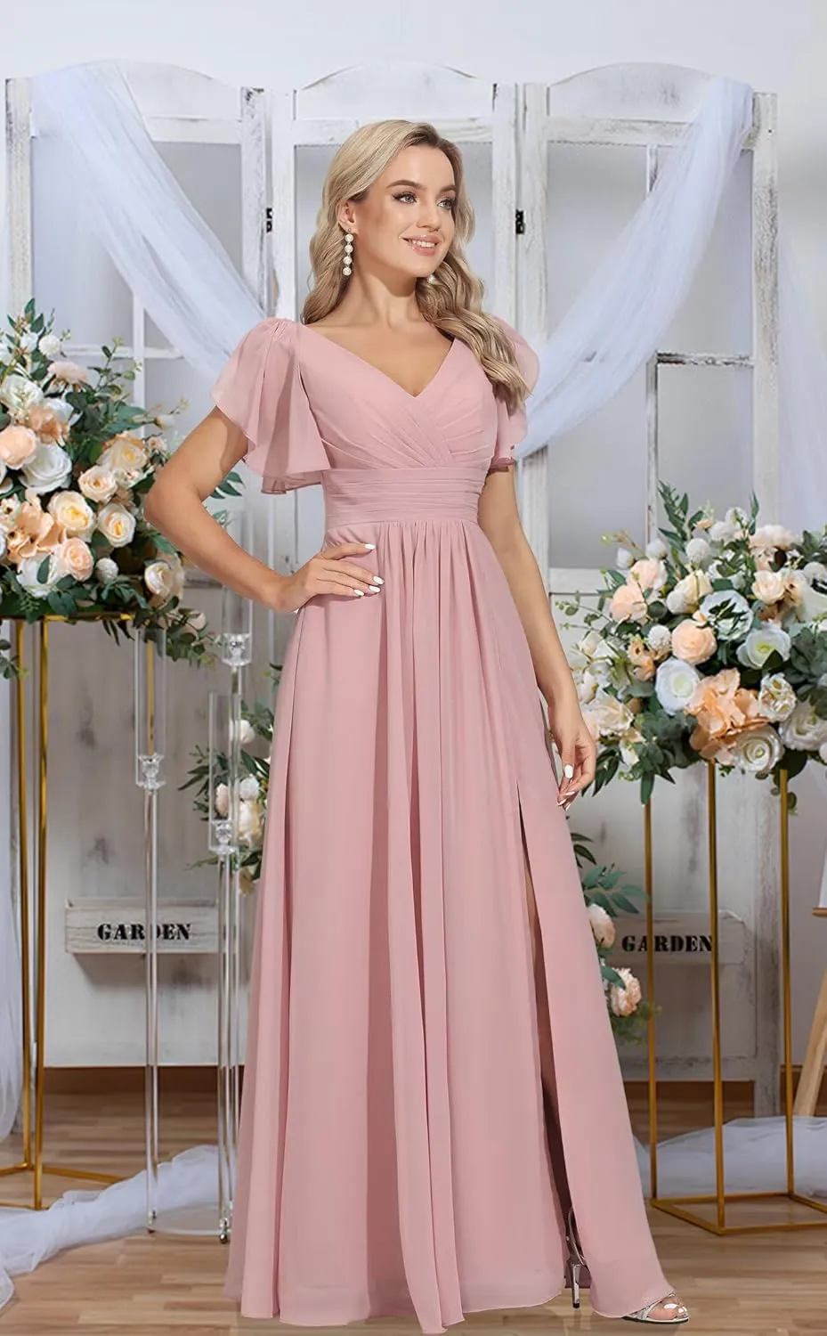 Rmaytiked Bridesmaid Dresses for Women with Slit V Neck Flutter Sleeves Long Wedding Guest Formal Evening Dress with Pockets