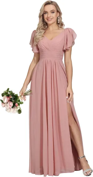 Rmaytiked Bridesmaid Dresses for Women with Slit V Neck Flutter Sleeves Long Wedding Guest Formal Evening Dress with Pockets