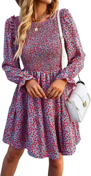 Ruffle Long Sleeve Crewneck Elastic Waist Floral A line Short Dress Womens Fall Winter Casual Mini Dresses