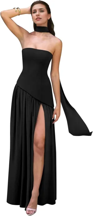 Ruffles Bridesmaid Dress with Scarf Strapless Prom Dresses with Slit Evening Dress Long Ball Gown