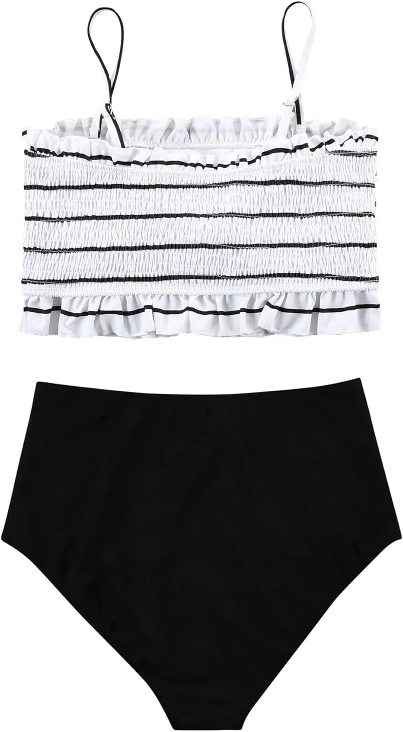 RXRXCOCO Womens Shirred Bandeau Bikini Cute Two Piece Swimsuit Off Shoulder High Waist Bathing Suit