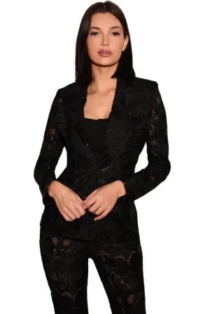 Sara Black Lace Floral Long Sleeve Blazer