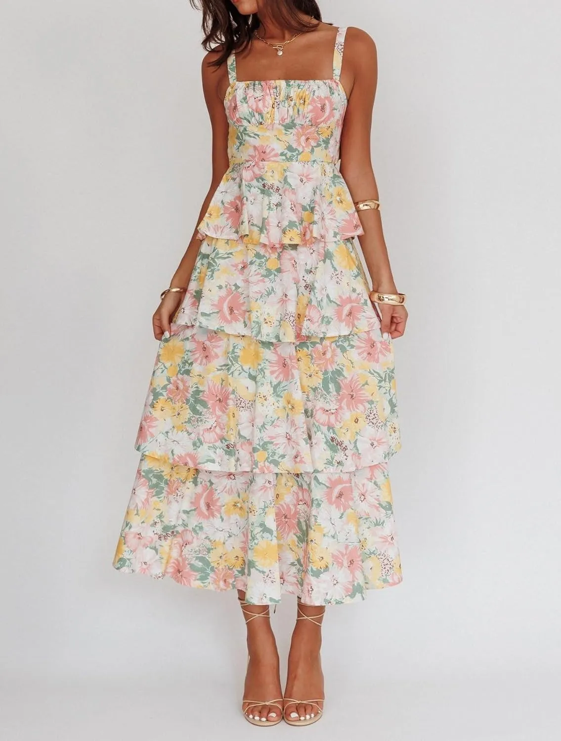 Sastianaen Tiered Ruffle Maxi Dresses Floral Print Spaghetti Strap Sleeveless Flowy Layered Long Dress Holiday Sundress