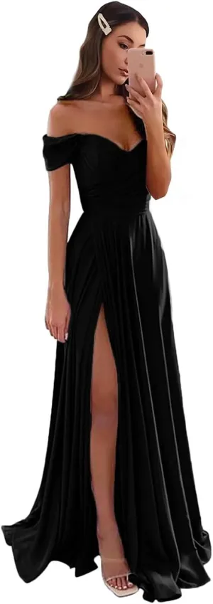 Satin Bridesmaid Dresses Long V Neck Ruched Off The Shoulder Formal Prom Dresses for Women