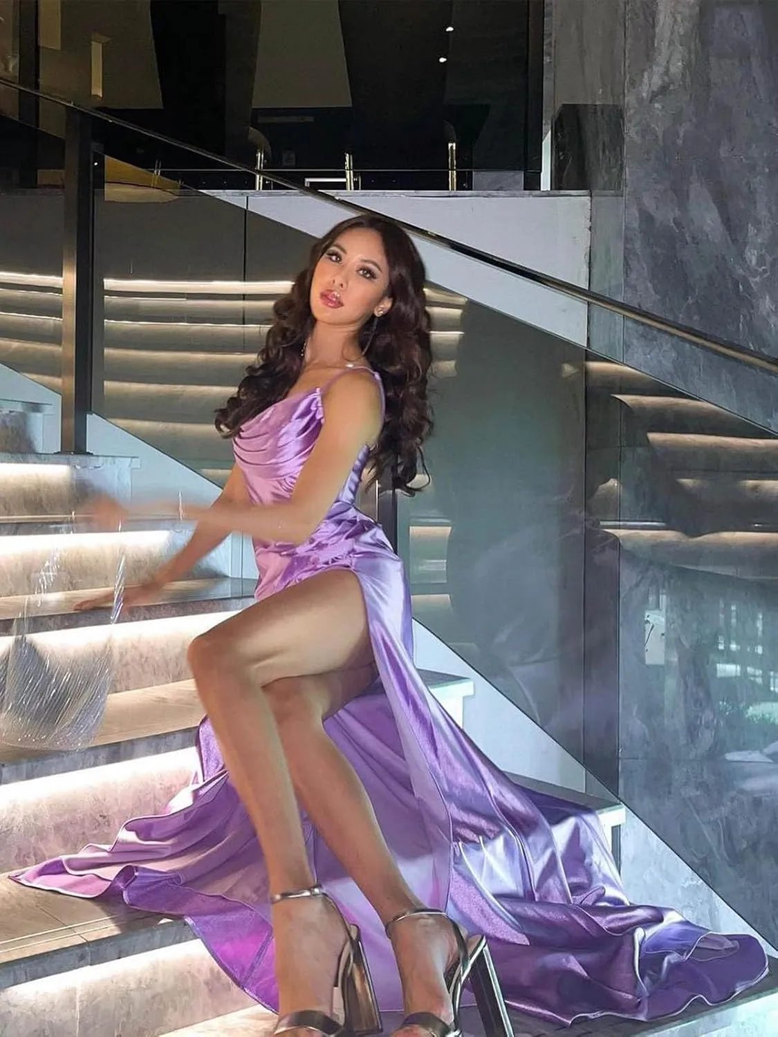 Satin Prom Dresses Long with Slit Cowl Neck Pleated A-Line Formal Gown Bridesmaid Dresses for Women