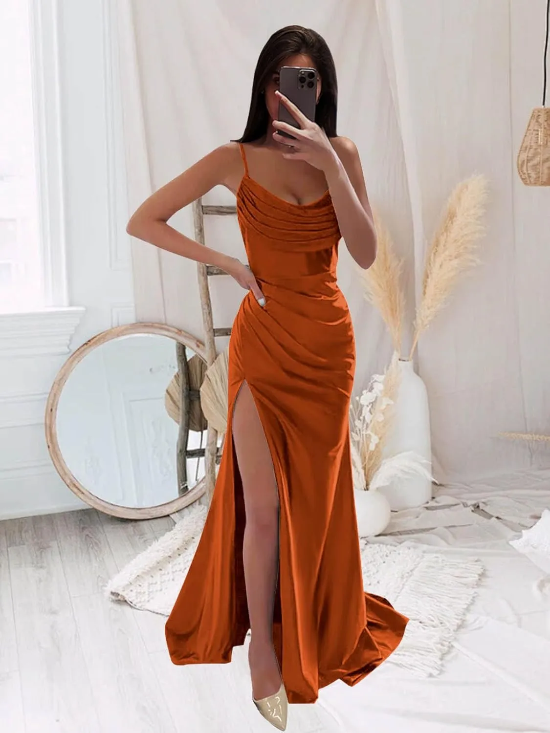 Satin Prom Dresses Long with Slit Cowl Neck Pleated A-Line Formal Gown Bridesmaid Dresses for Women